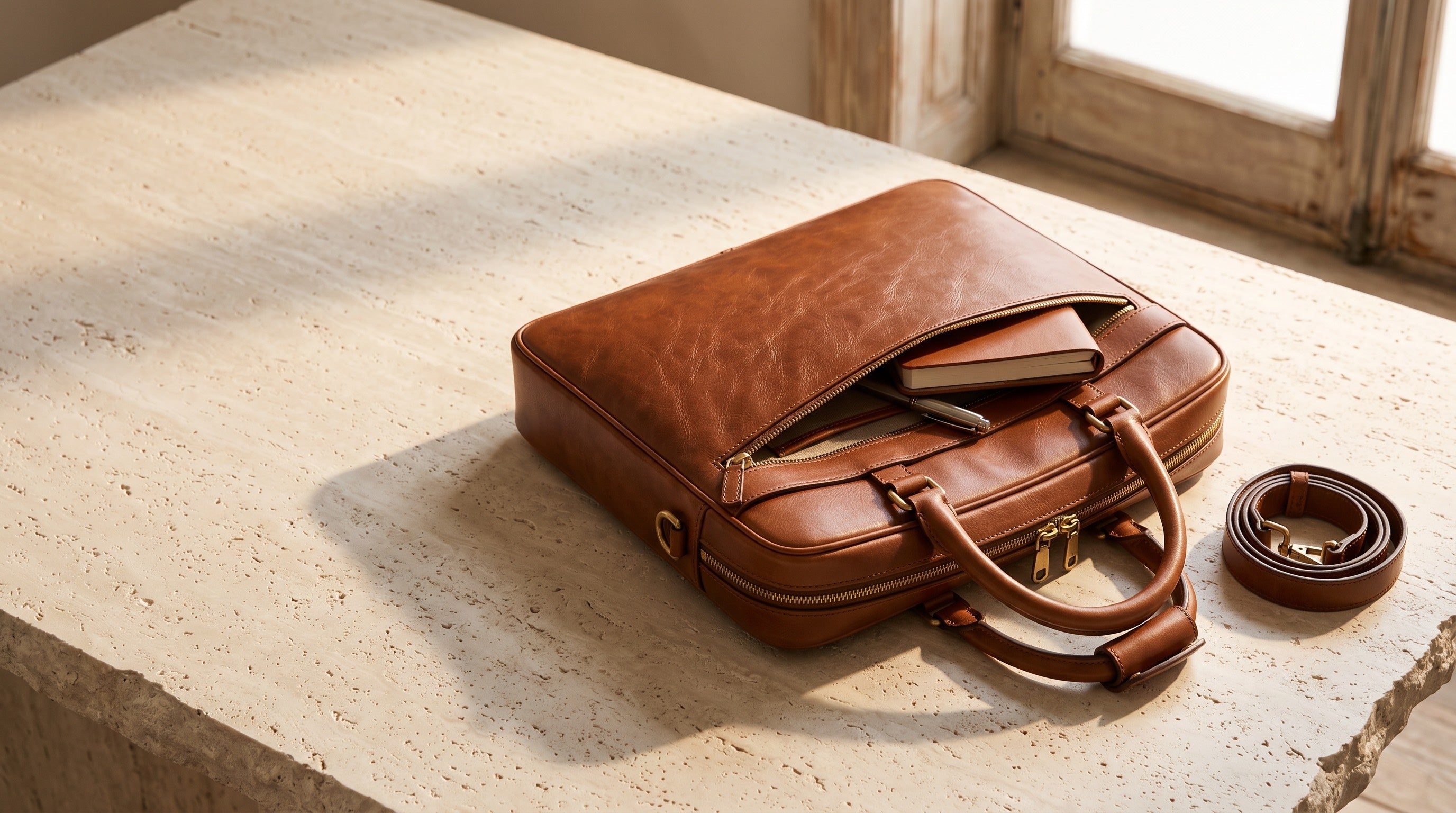 A Cognac weekender, an Ebony briefcase and a Cognac backpack on a rock ledge in front of cliffs