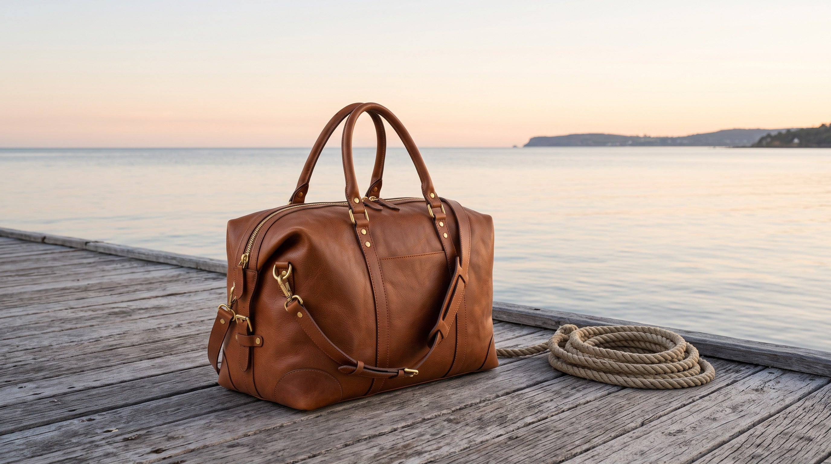 Two travellers on coastal rocks with a Cognac leather weekender, an Ebony briefcase and a Cognac backpack