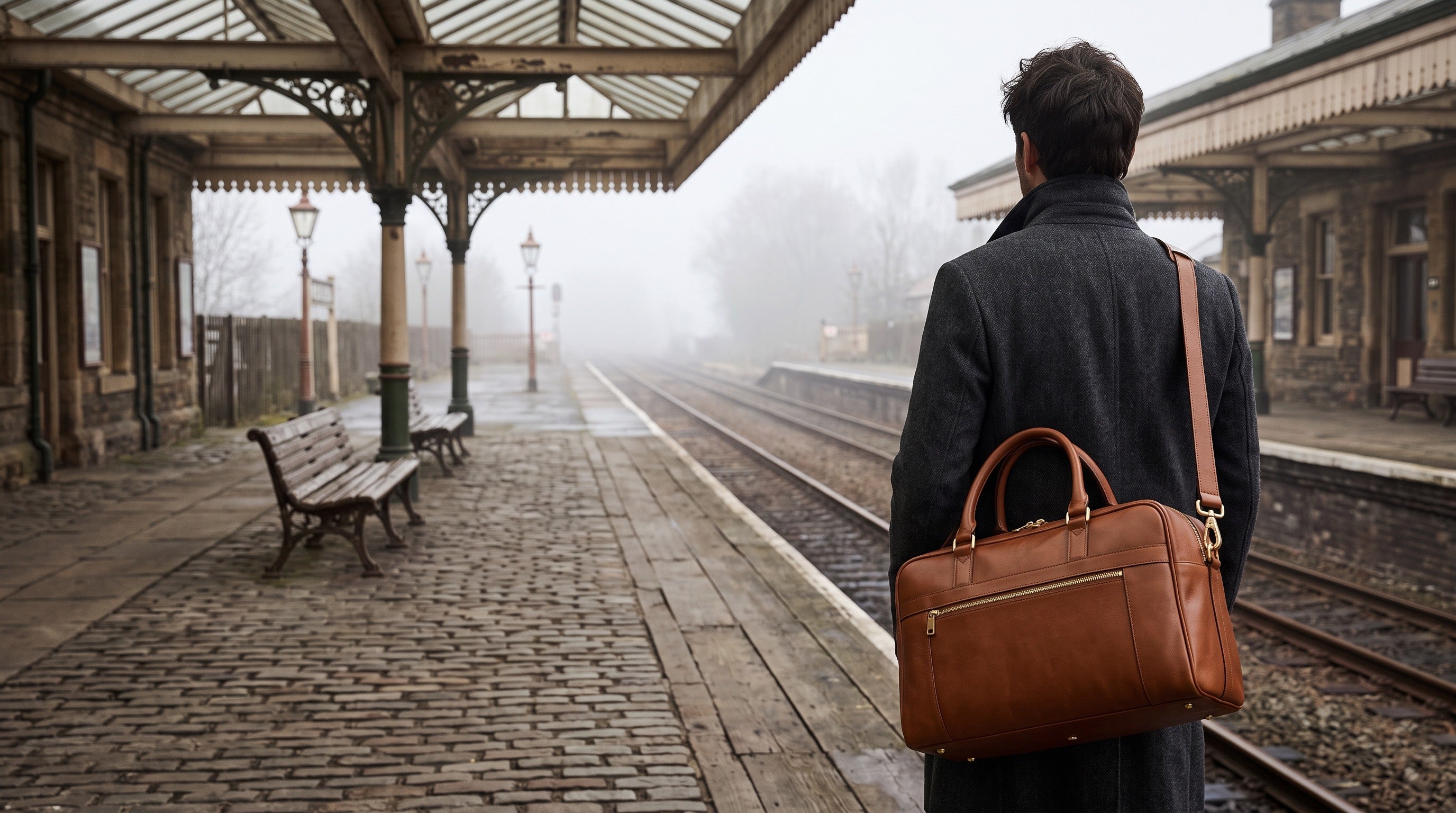 Two travellers on coastal rocks with a Cognac leather weekender, an Ebony briefcase and a Cognac backpack