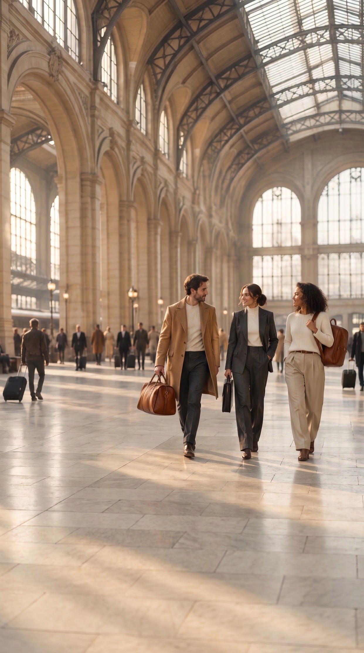 Three travellers crossing a sunlit station concourse with a Cognac leather weekender, a briefcase and a backpack