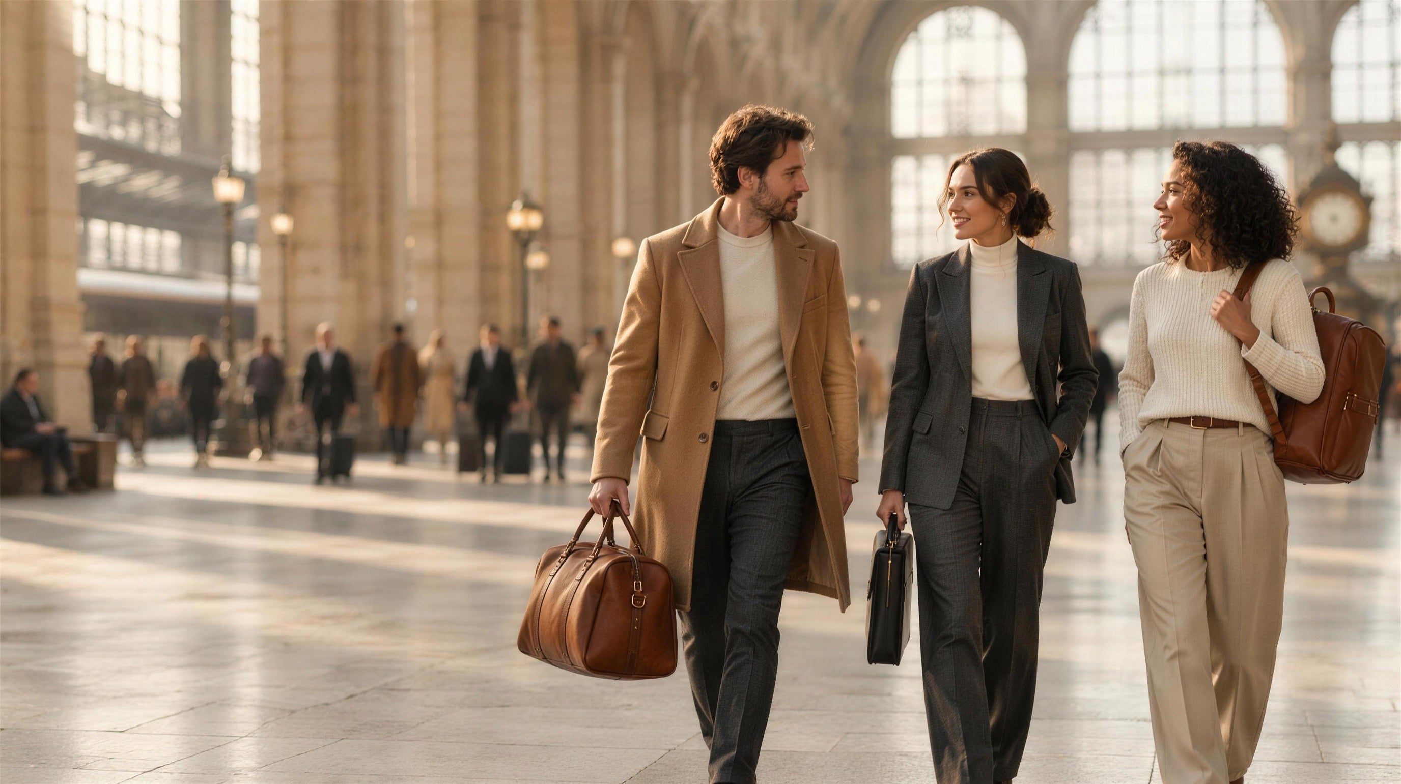 Three travellers crossing a sunlit station concourse with a Cognac leather weekender, a briefcase and a backpack