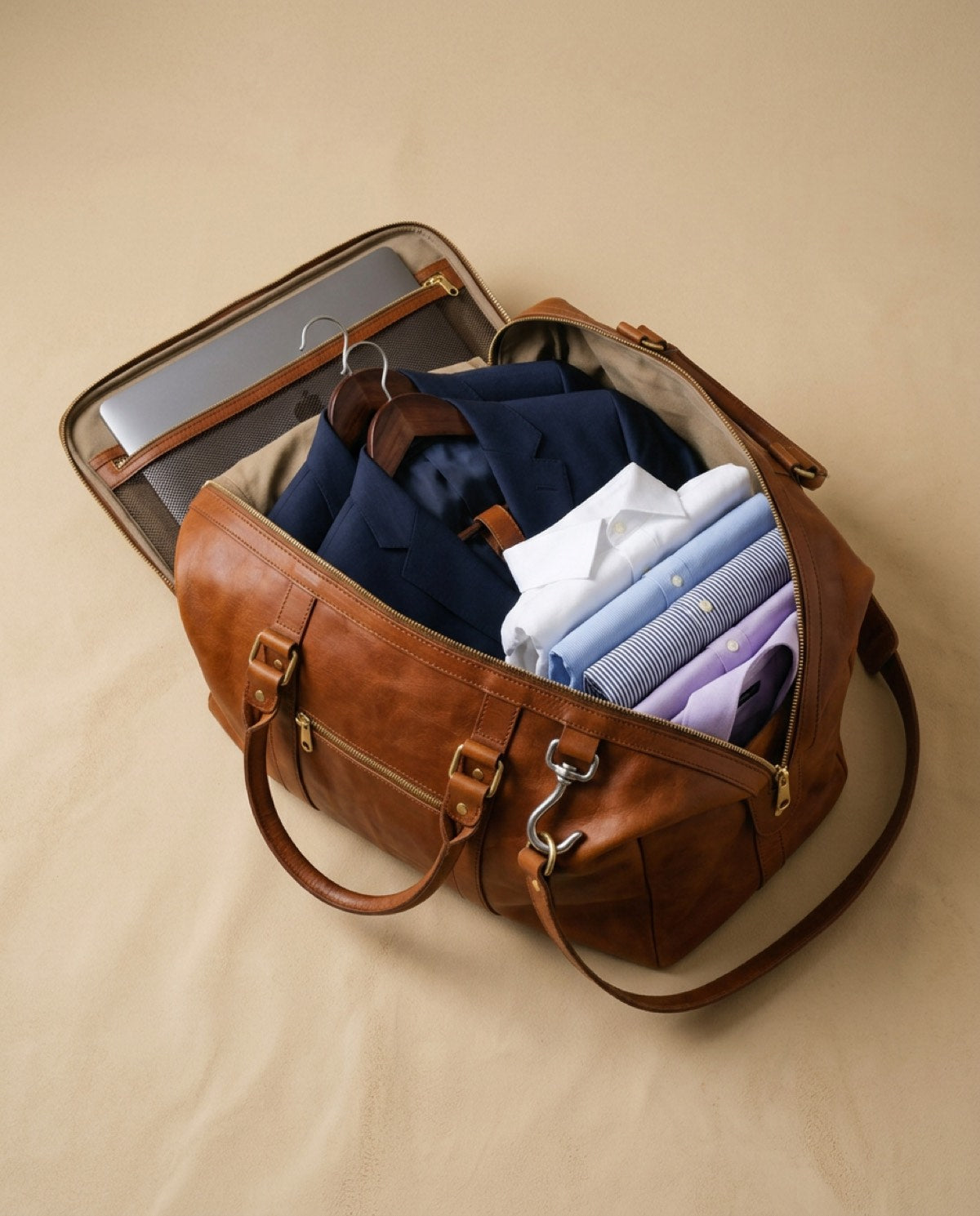 Belgrave Carry-On Garment Duffel open, showing what fits inside