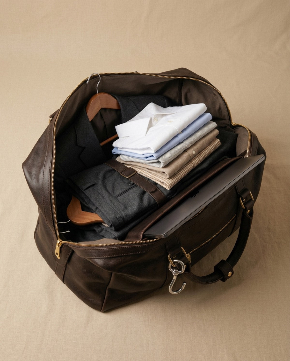 Belgrave Carry-On Garment Duffel open, showing what fits inside