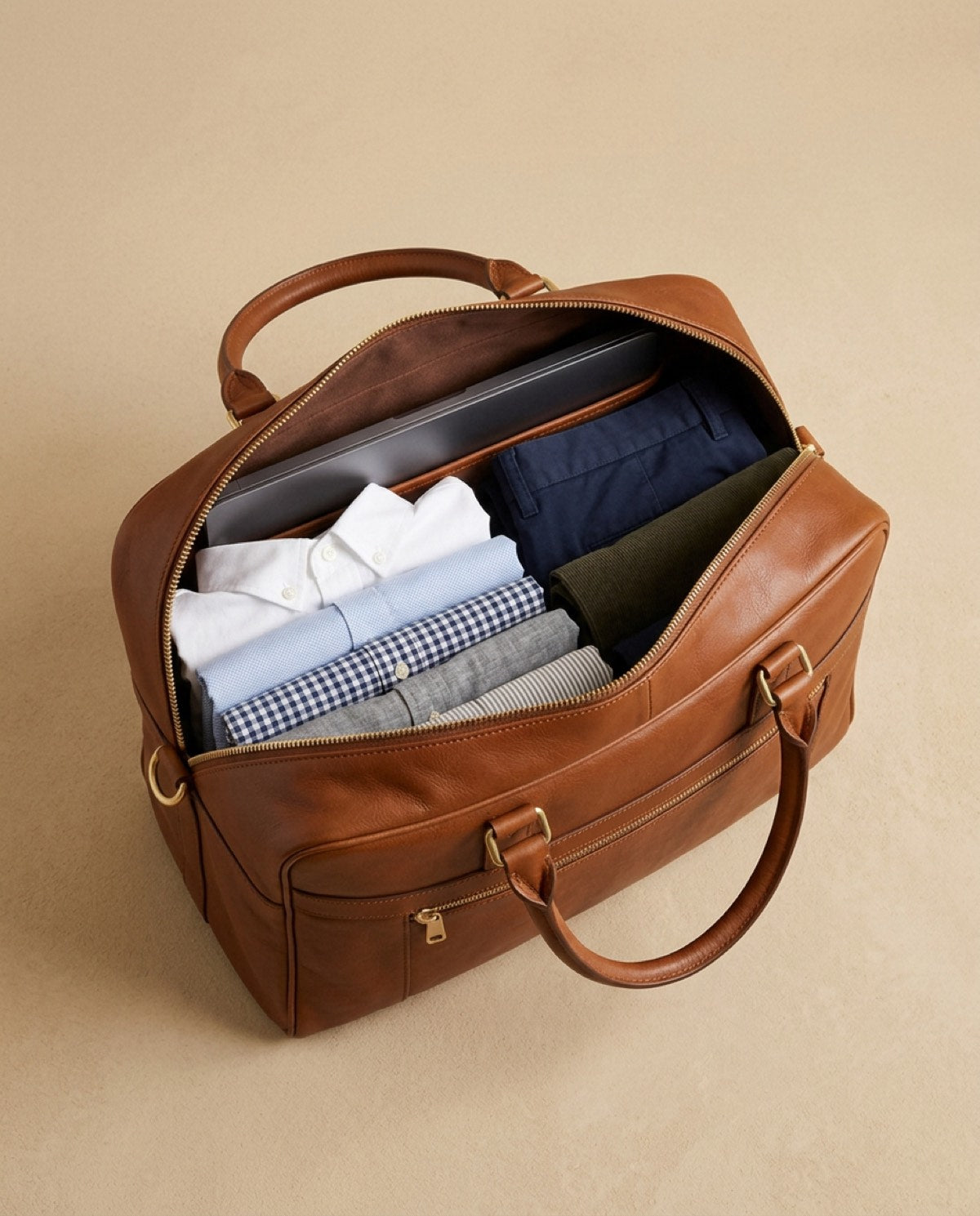 Belgrave Compact Weekender open, showing what fits inside