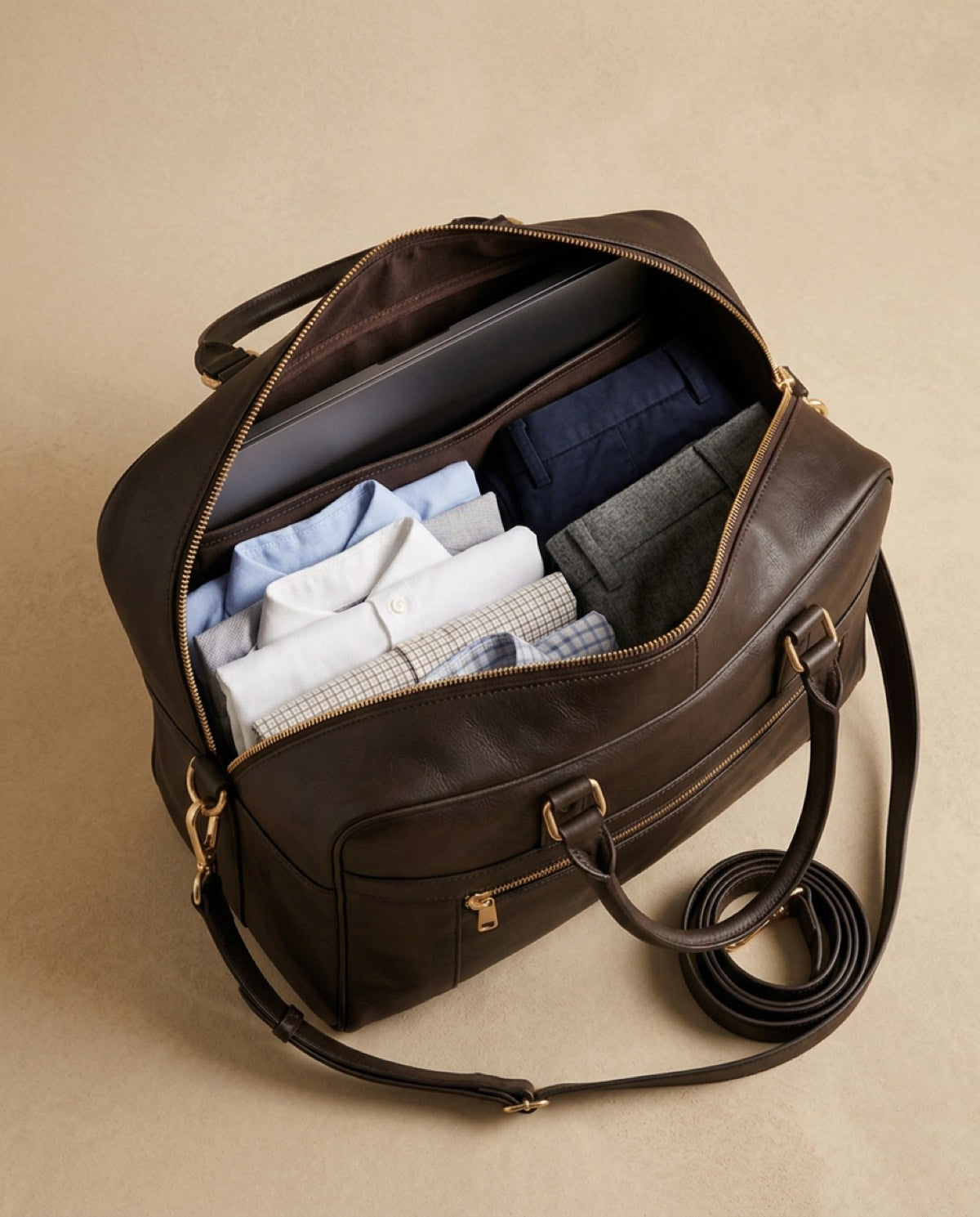 Belgrave Compact Weekender open, showing what fits inside
