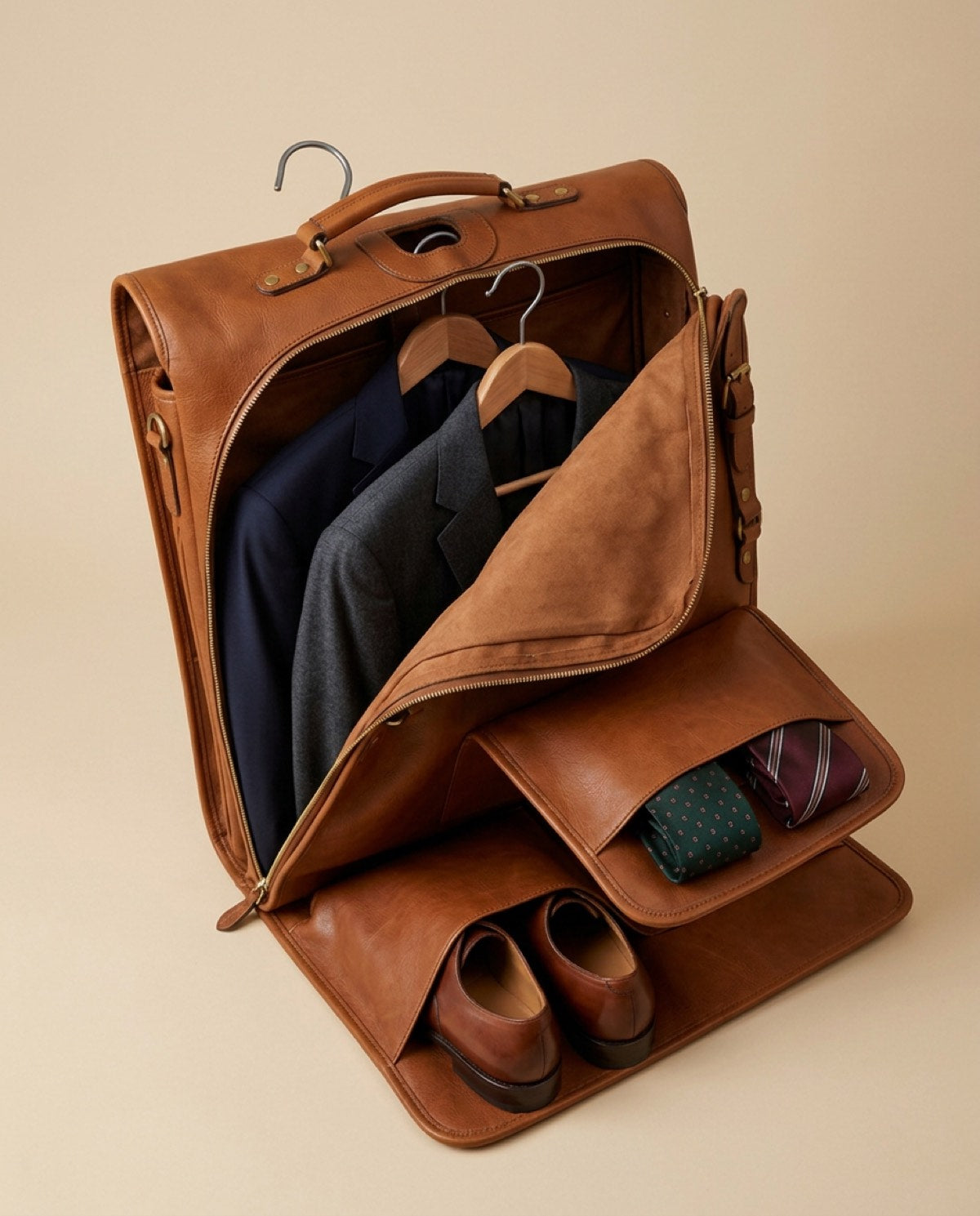 Belgrave Folding Garment Bag open, showing what fits inside