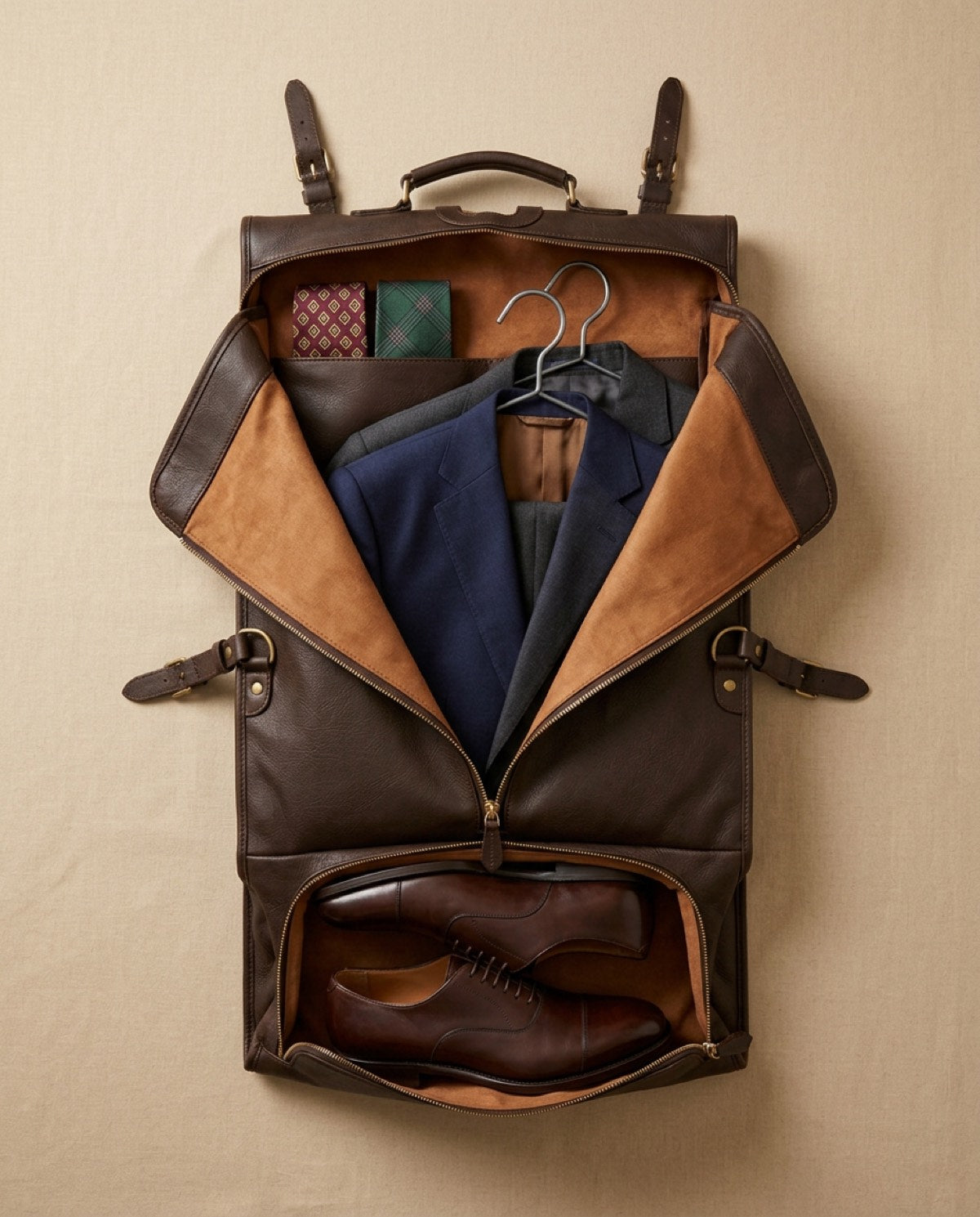 Belgrave Folding Garment Bag open, showing what fits inside