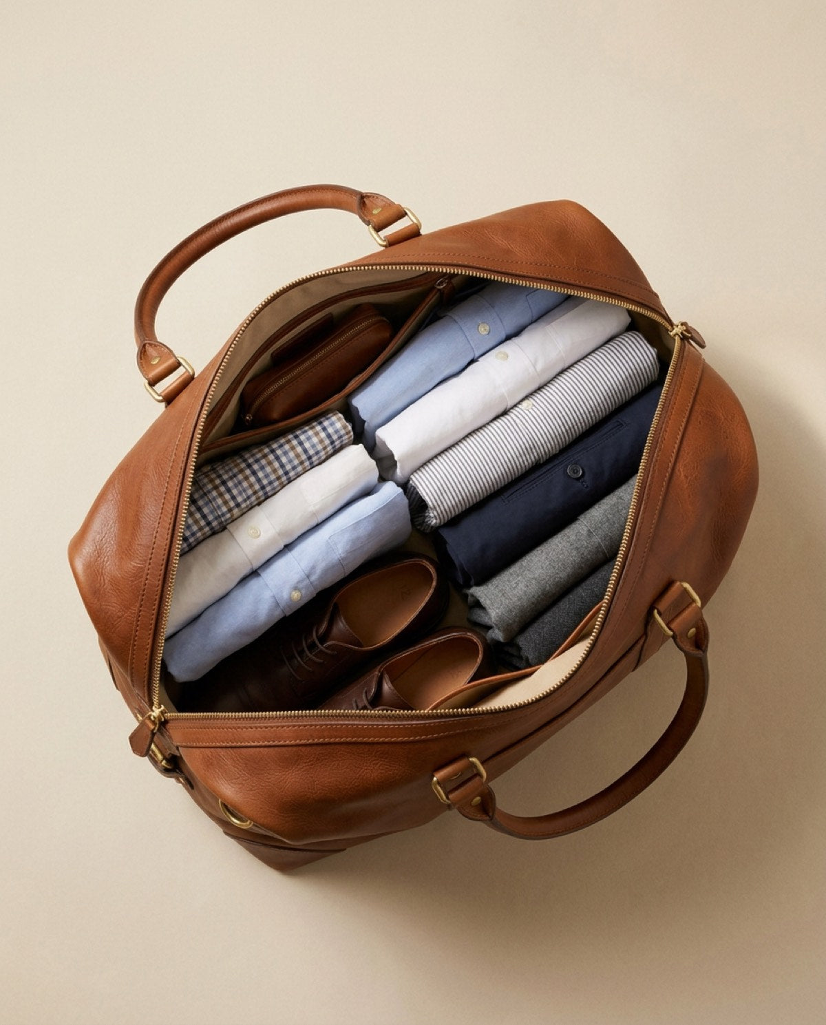Belgrave Large Weekender open, showing what fits inside