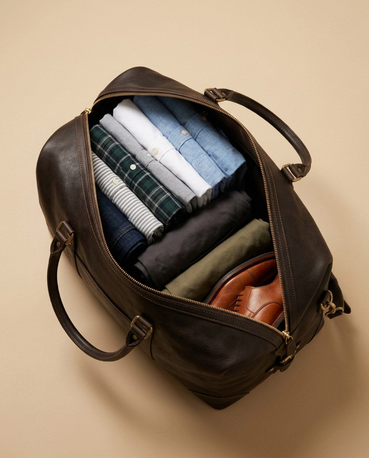 Belgrave Large Weekender open, showing what fits inside