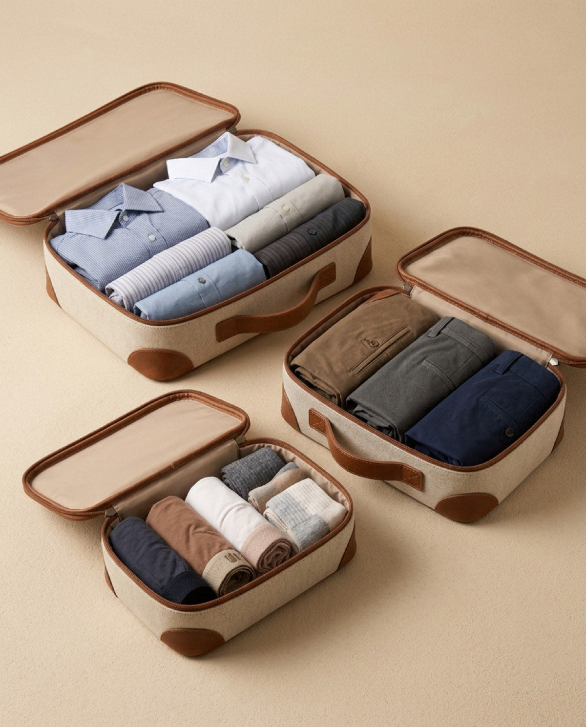 Essential Packing Cube Set open, showing what fits inside