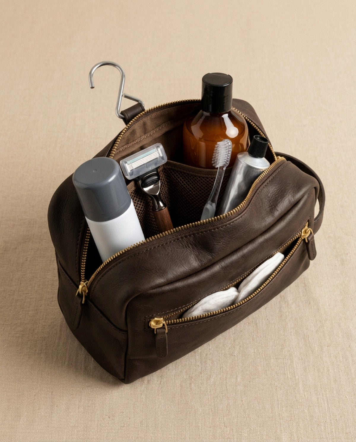 Essential Toiletry Bag open, showing what fits inside