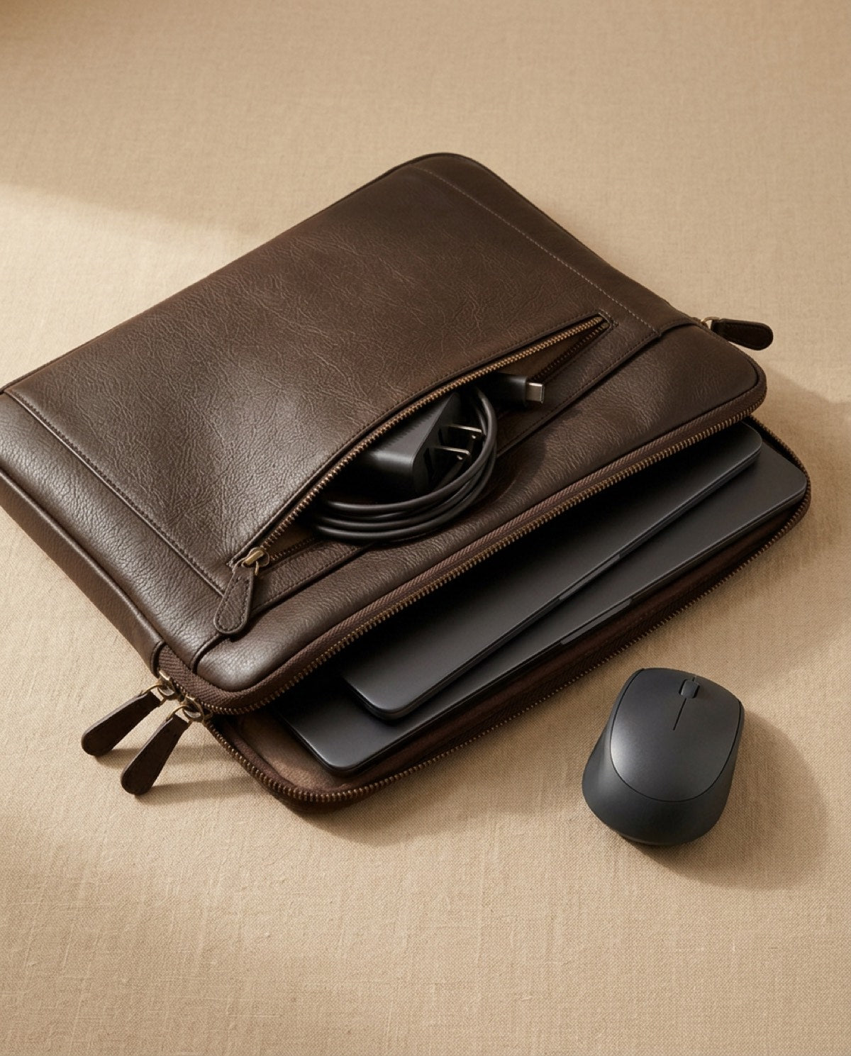 Hatton Classic Laptop Sleeve open, showing what fits inside