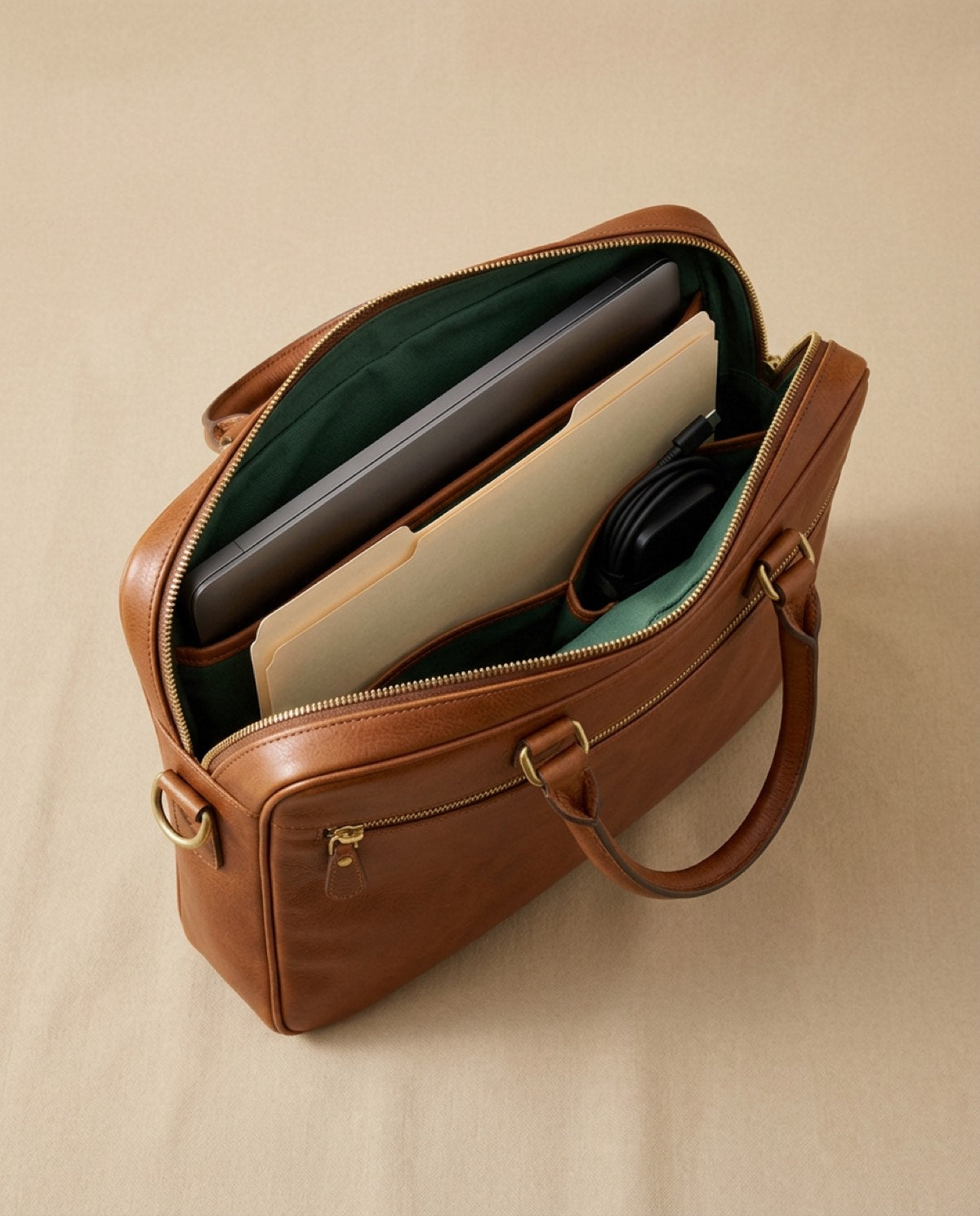 Hatton Compact Briefcase open, showing what fits inside