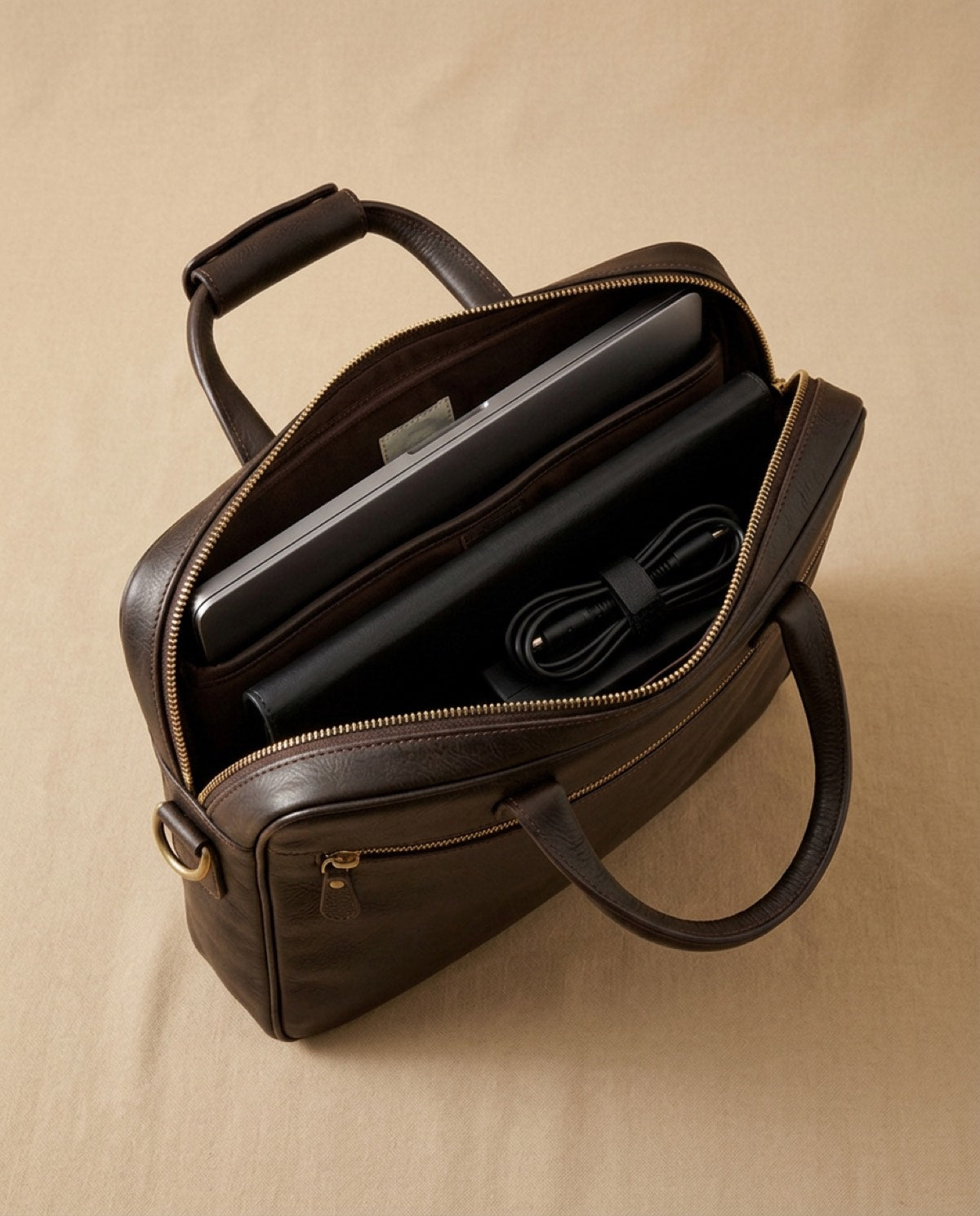 Hatton Compact Briefcase open, showing what fits inside