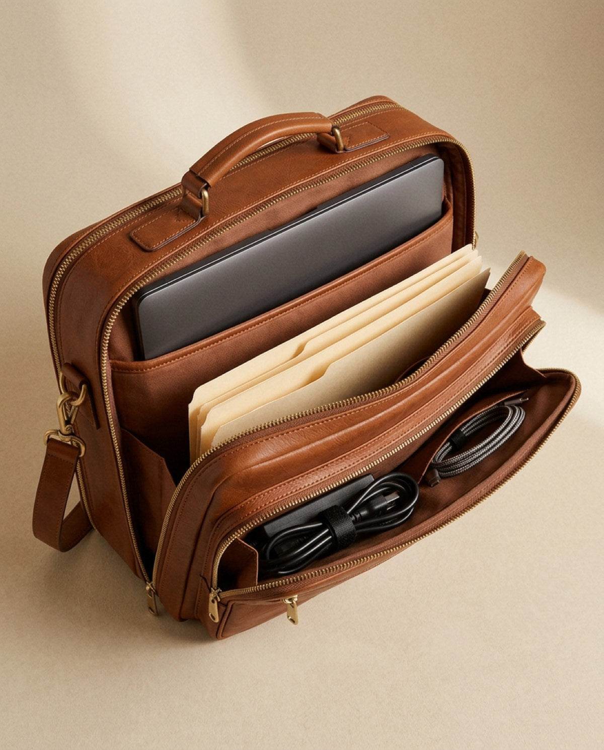 Hatton Large Briefcase open, showing what fits inside