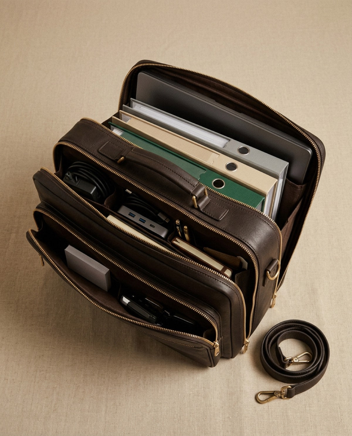 Hatton Large Briefcase open, showing what fits inside