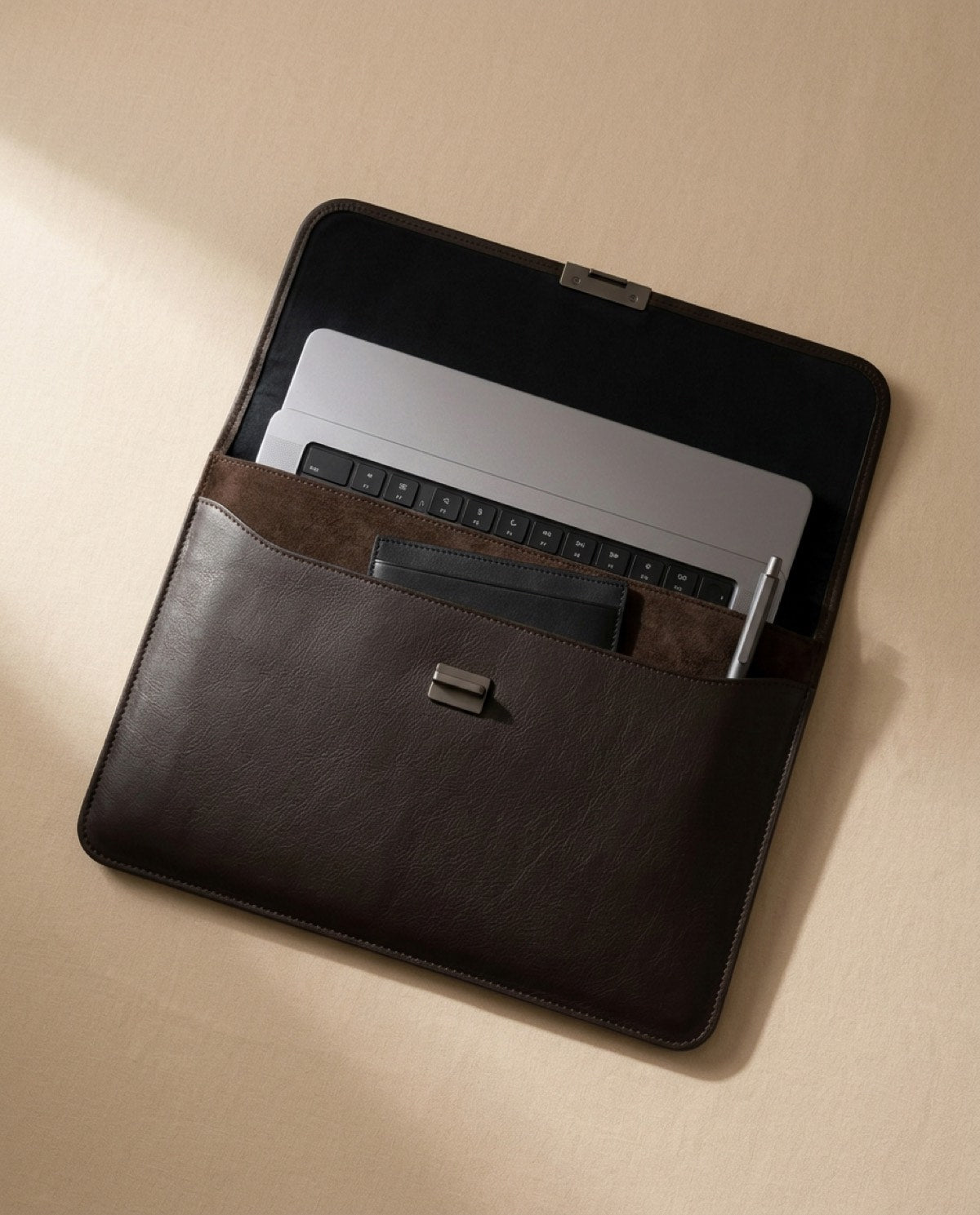 Hatton Minimalist Laptop Sleeve open, showing what fits inside