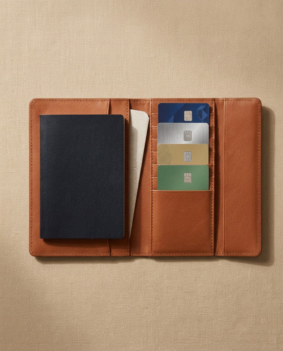 Hatton Passport Holder open, showing what fits inside