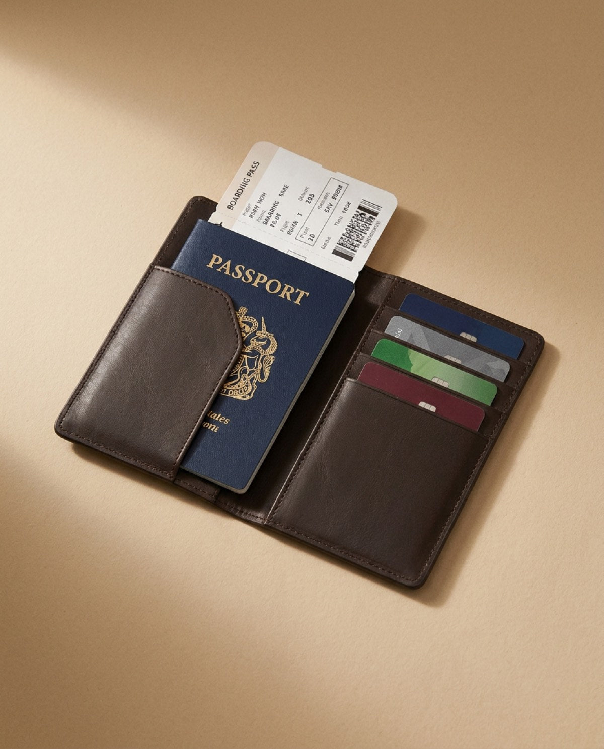 Hatton Passport Holder open, showing what fits inside