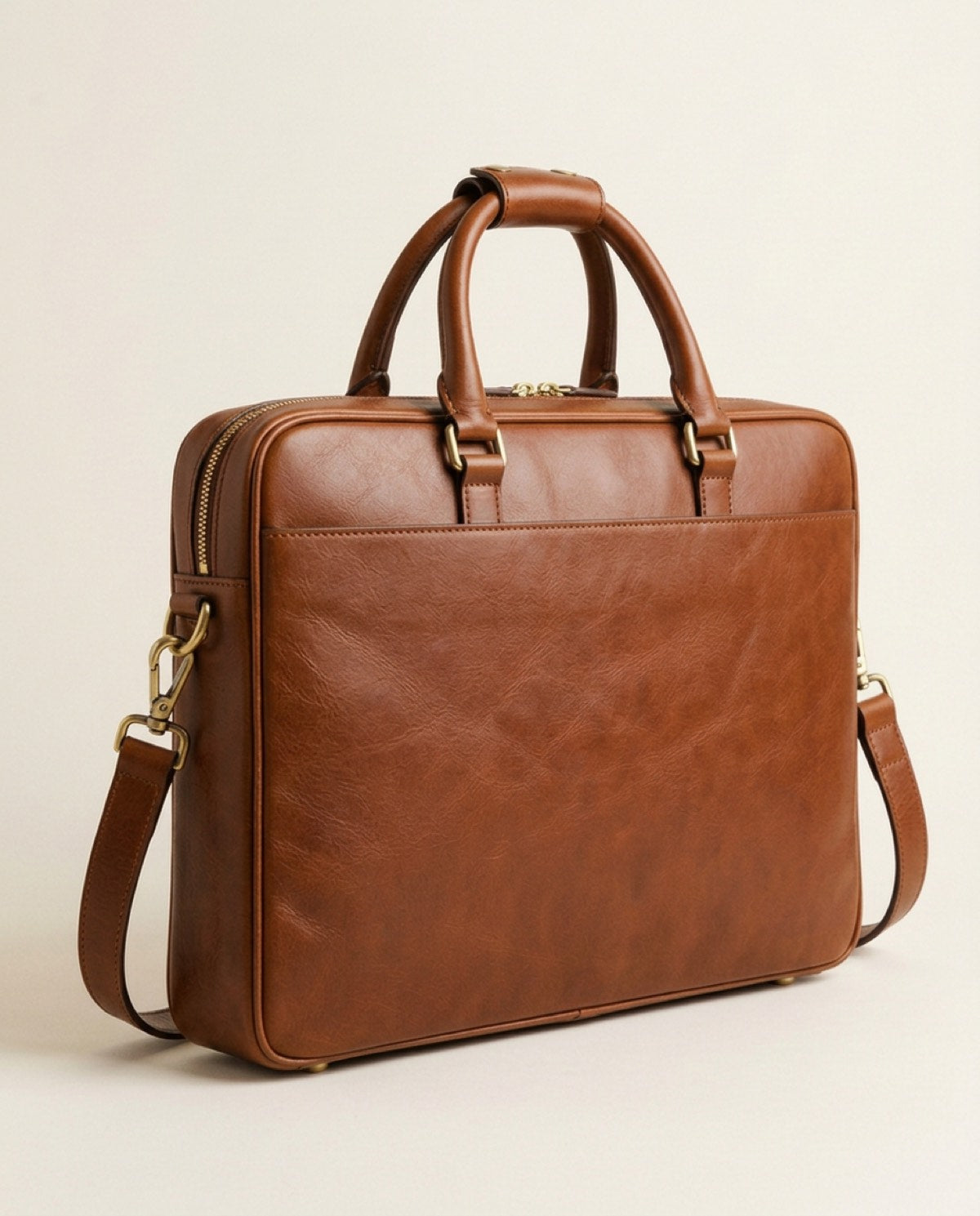 Hatton Slim Briefcase, brass-finish zips, detachable strap detail