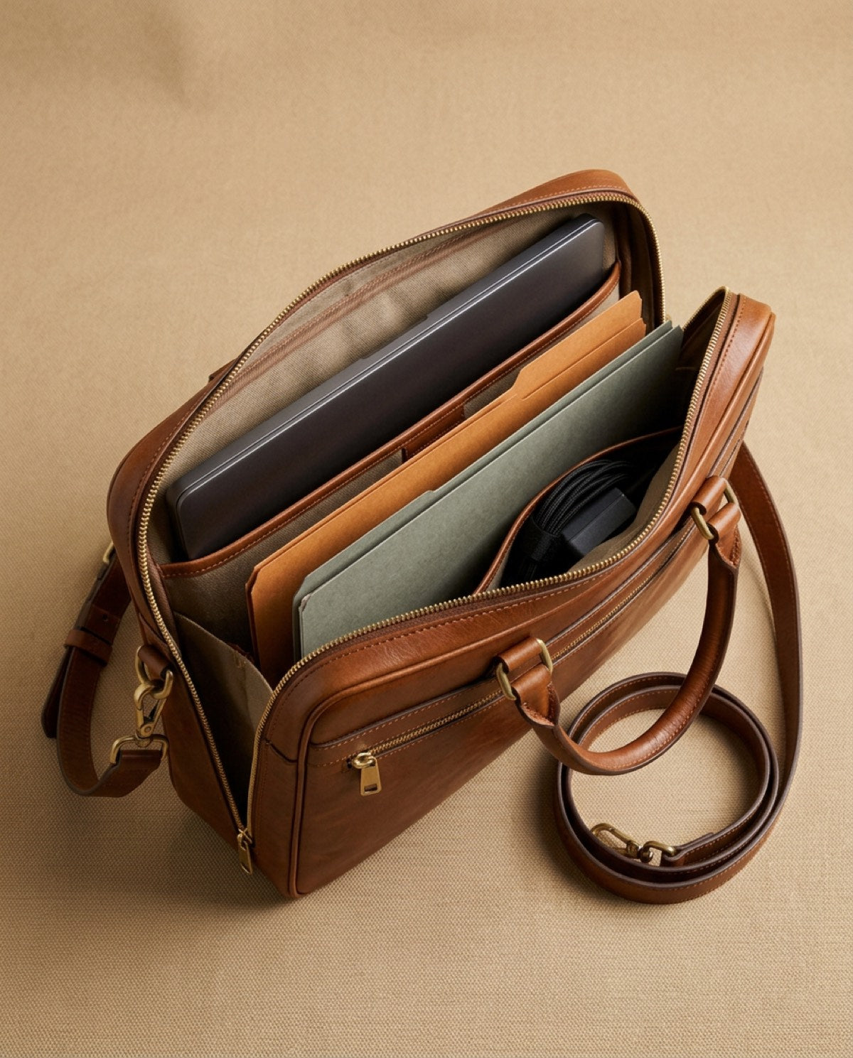 Hatton Slim Briefcase open, showing what fits inside