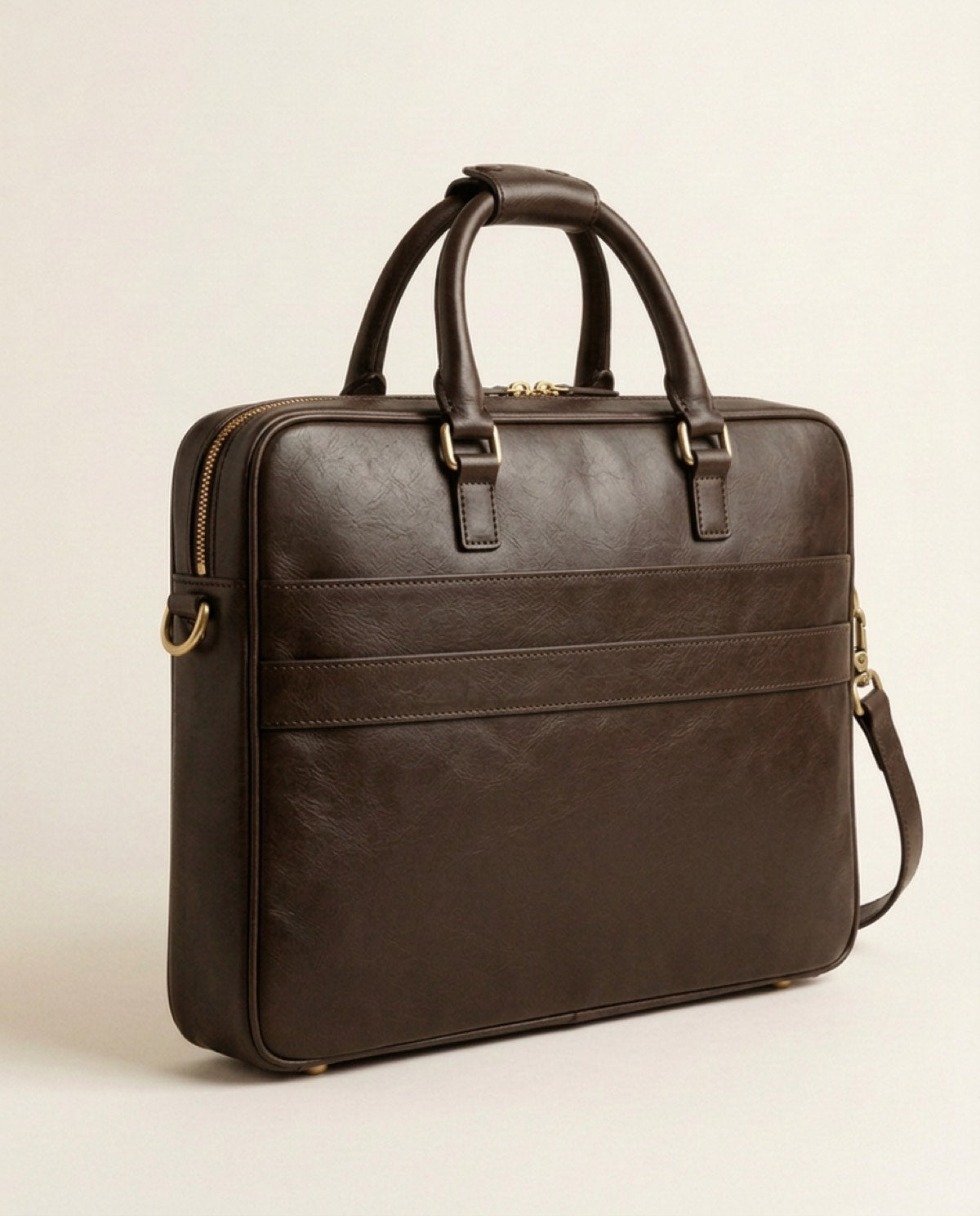 Hatton Slim Briefcase, brass-finish zips, detachable strap detail