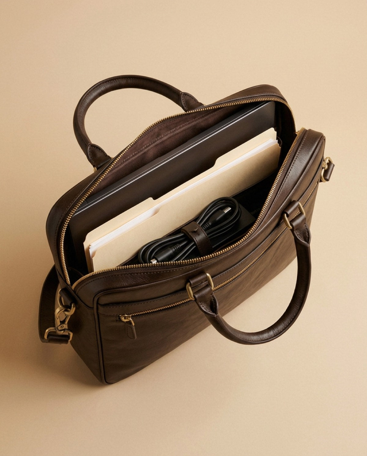 Hatton Slim Briefcase open, showing what fits inside
