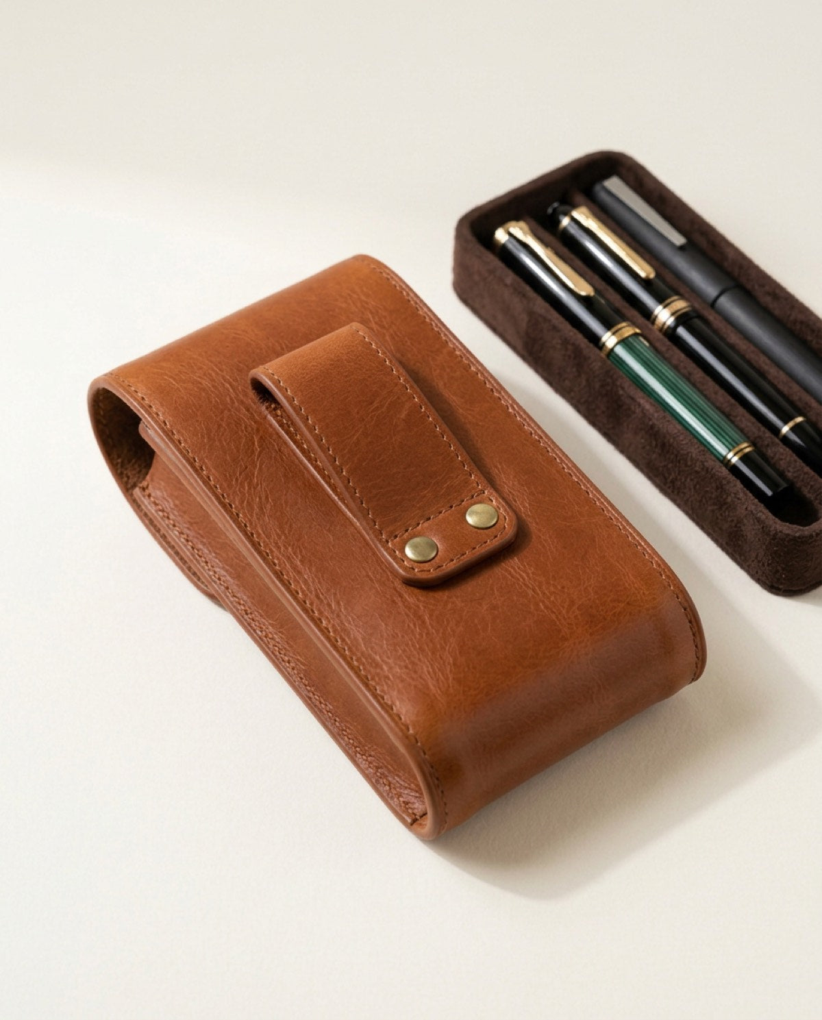 Hatton Triple Pen Case, brass-finish snap detail