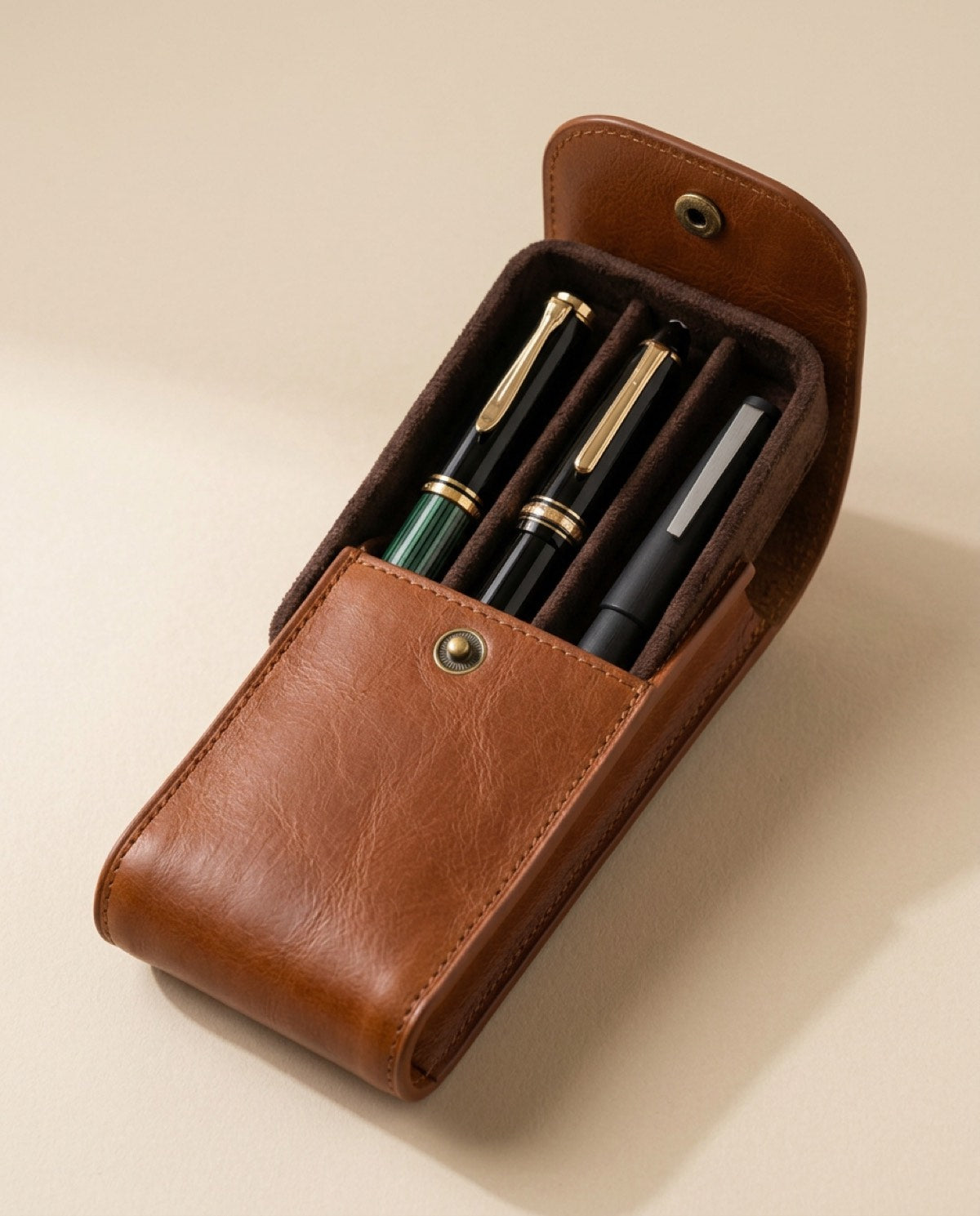 Hatton Triple Pen Case open, showing what fits inside