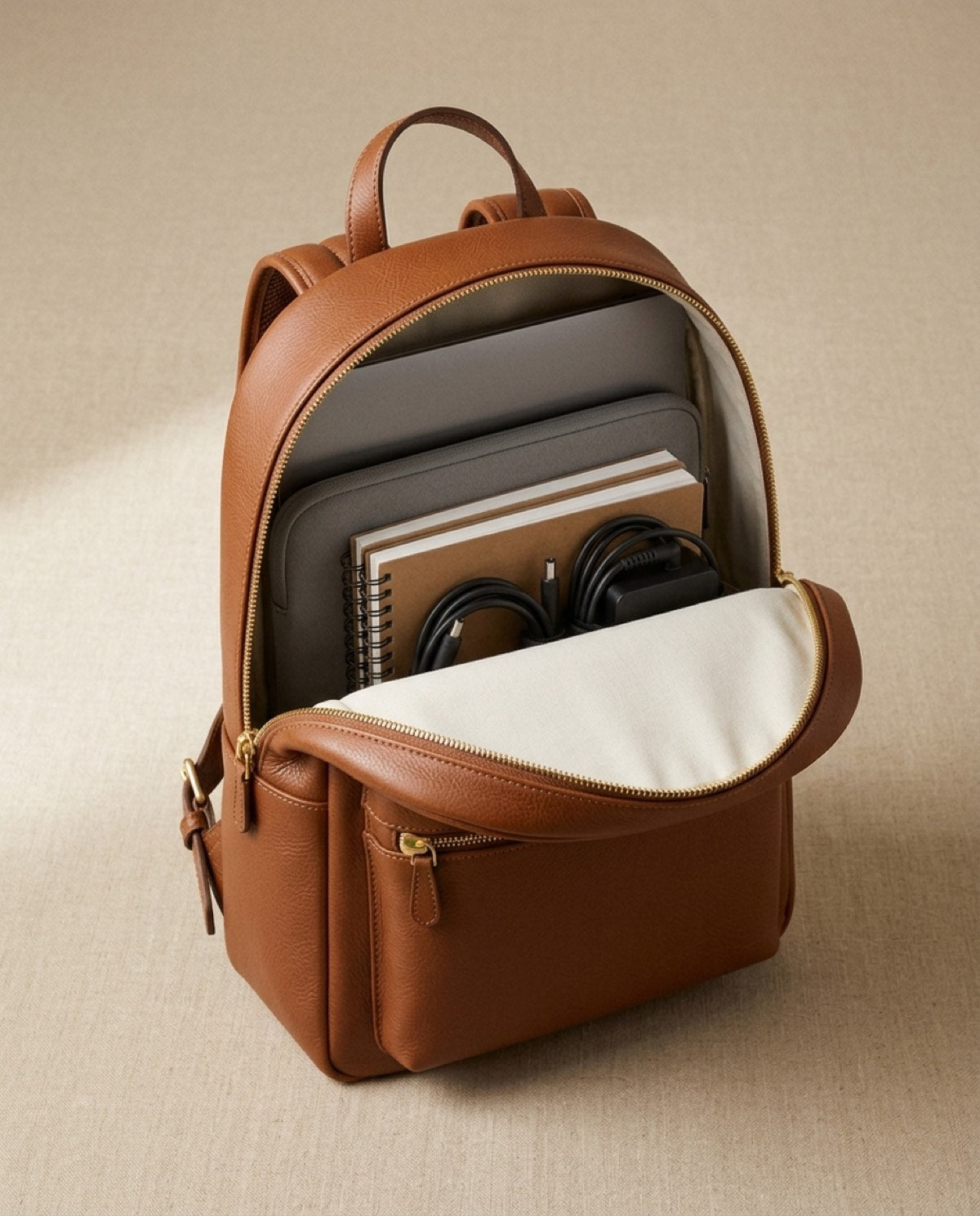 Marylebone Compact Backpack open, showing what fits inside