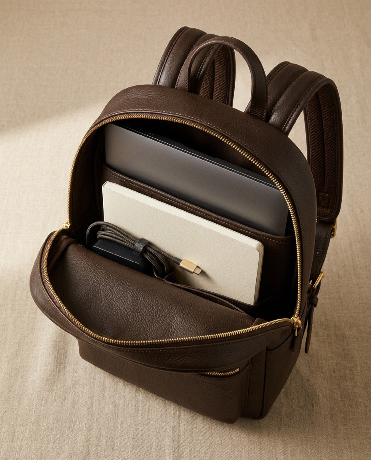 Marylebone Compact Backpack open, showing what fits inside