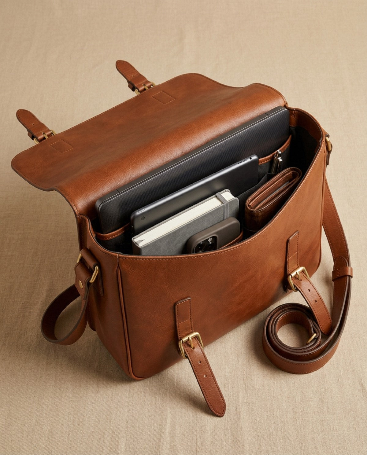 Marylebone Flap Messenger open, showing what fits inside