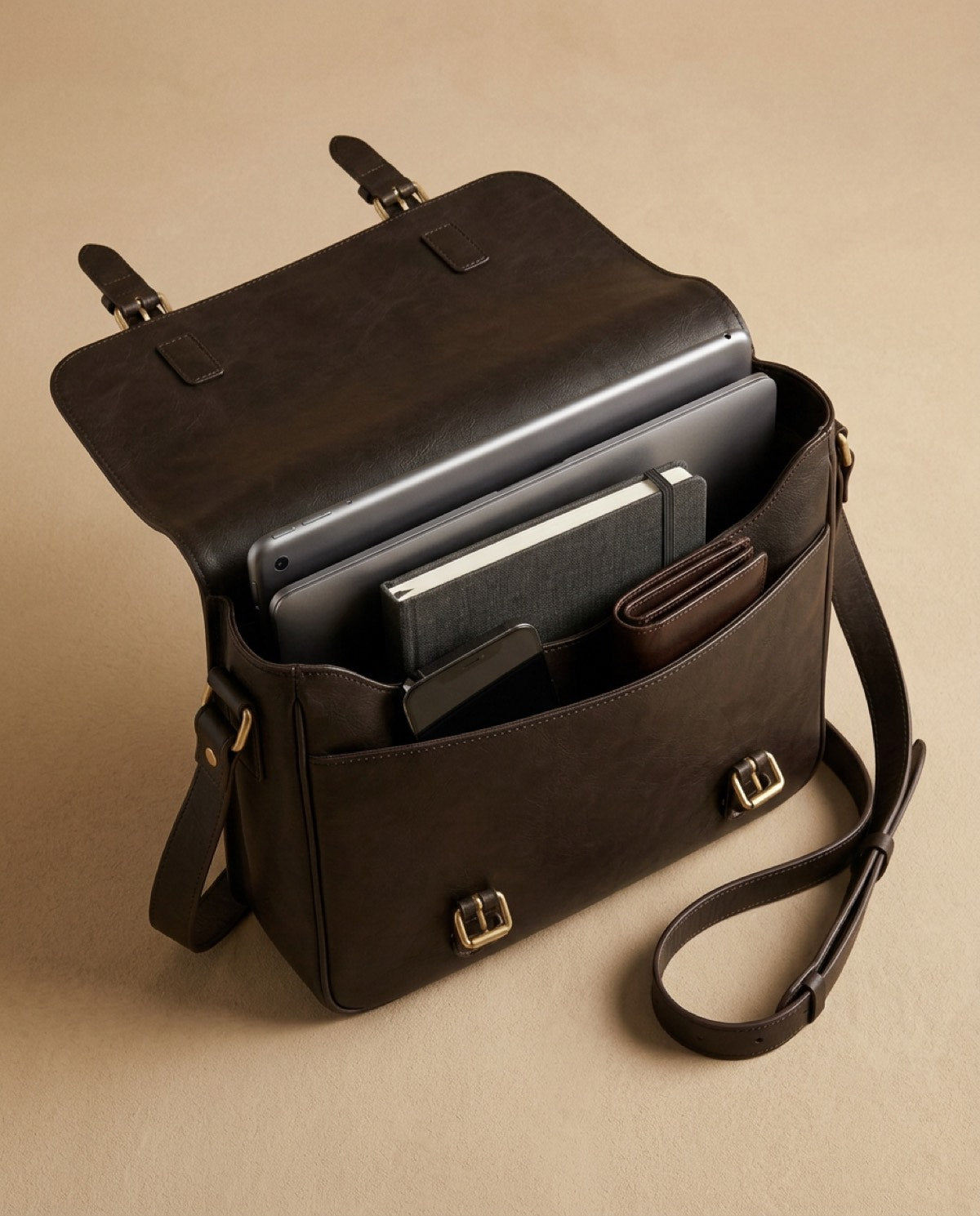 Marylebone Flap Messenger open, showing what fits inside