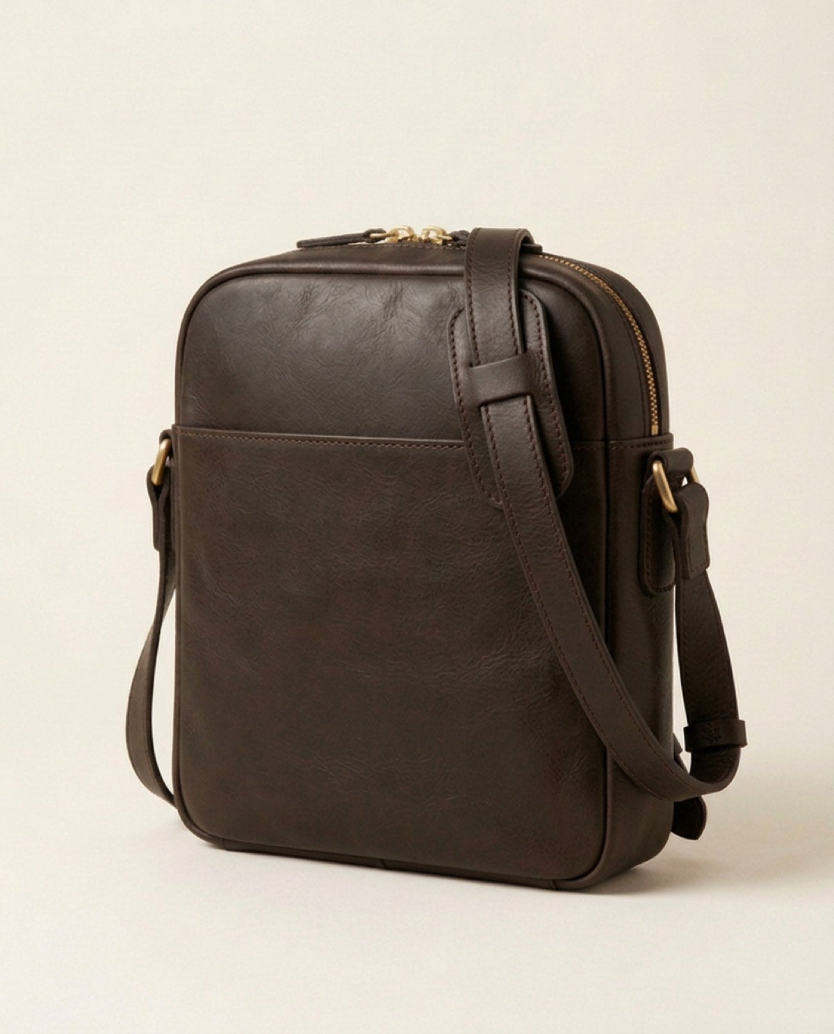 Marylebone Zip Messenger, brass-finish zips, adjustable strap detail