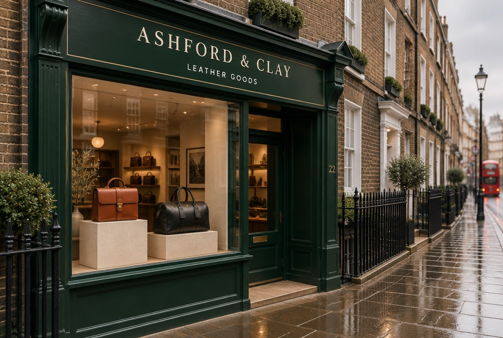Ashford & Clay shopfront in London, forest green Victorian shopfront on a brick terrace, a Cognac briefcase and a holdall in the window