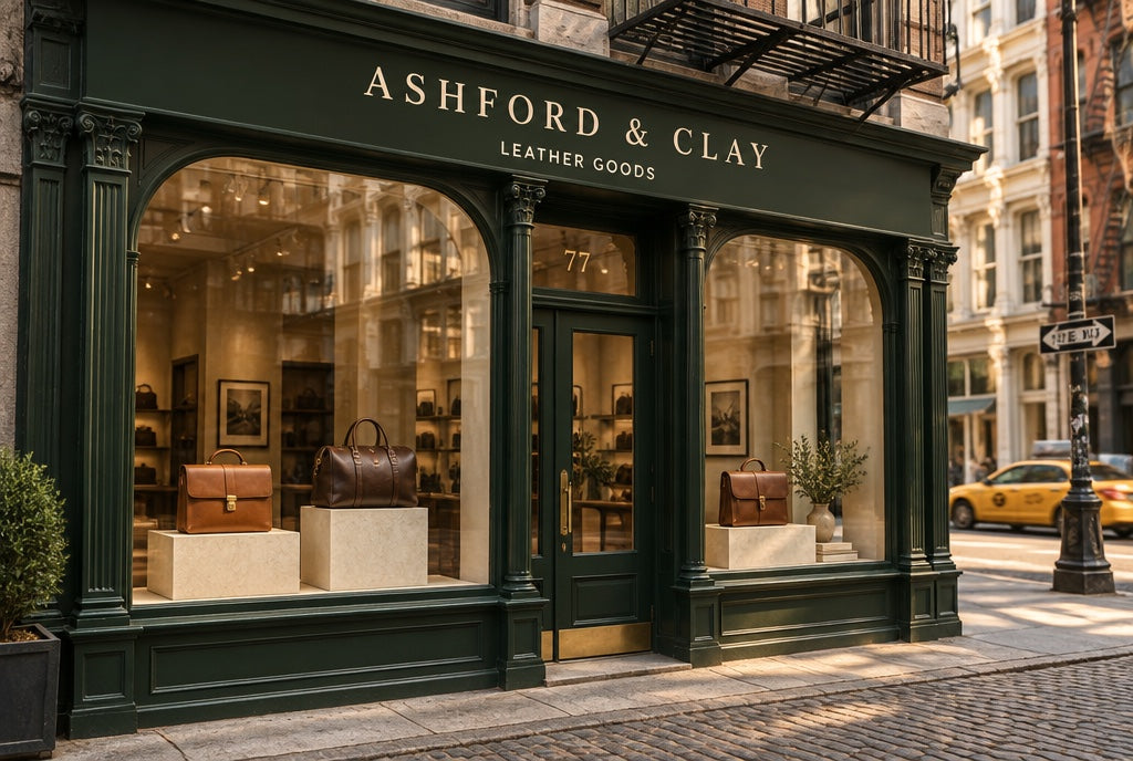 Ashford & Clay shopfront in New York, forest green fascia with ivory serif lettering, leather briefcases in the window