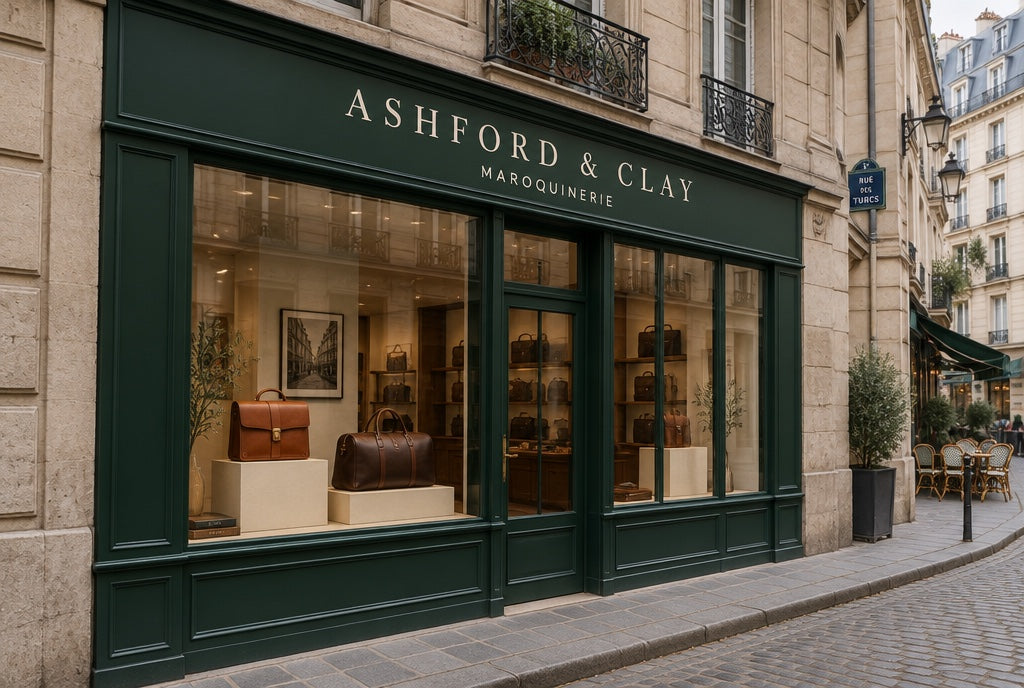 Ashford & Clay shopfront in Paris, forest green fascia on a limestone facade, a Cognac briefcase and a travel bag in the window