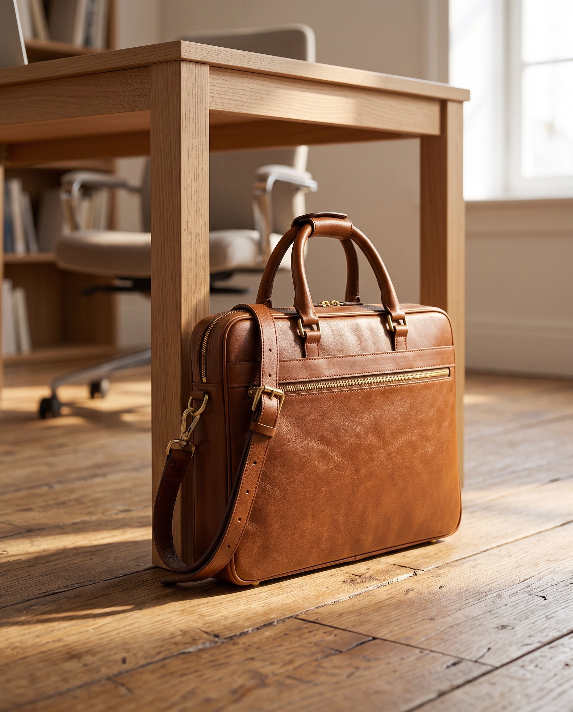 A woman holding a slim Cognac leather briefcase against a slate rock face