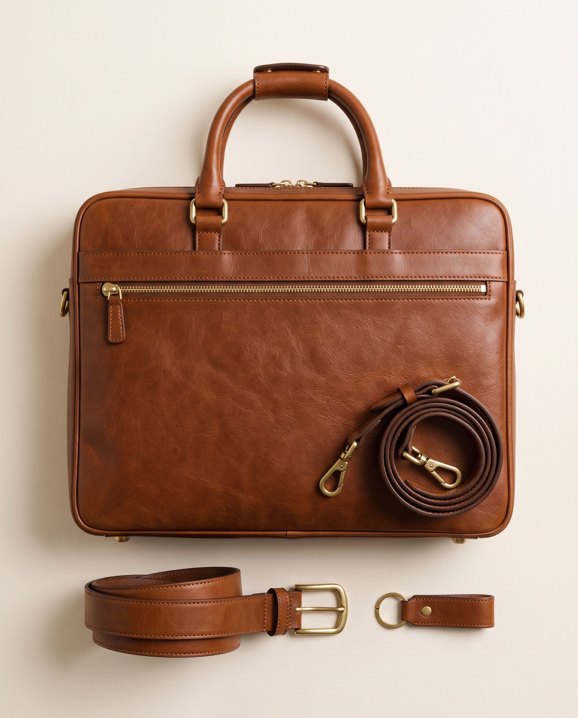 Cognac leather backpack, messenger and cardholder on dark slate