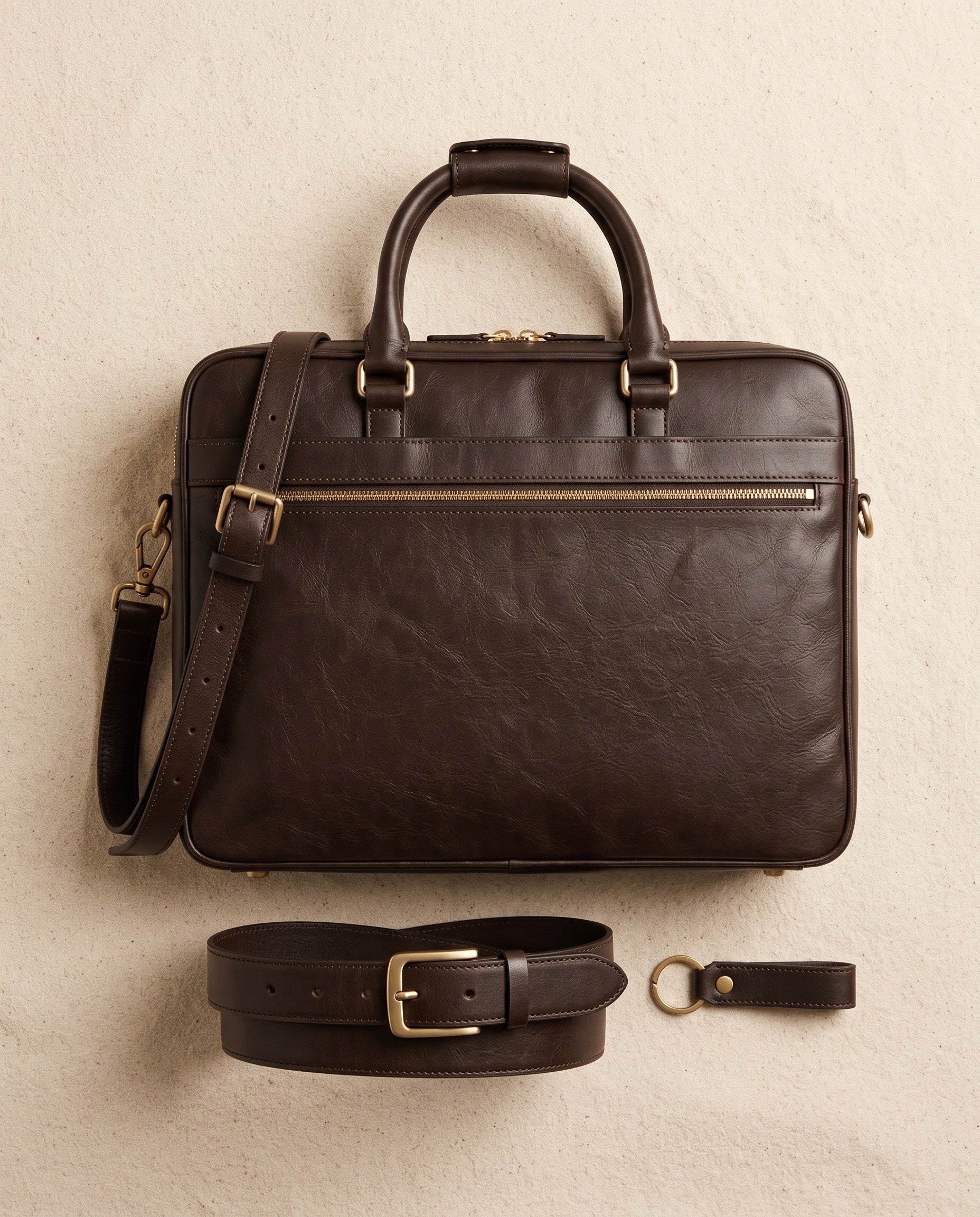Ebony leather weekender, briefcase and toiletry bag on pale sandstone