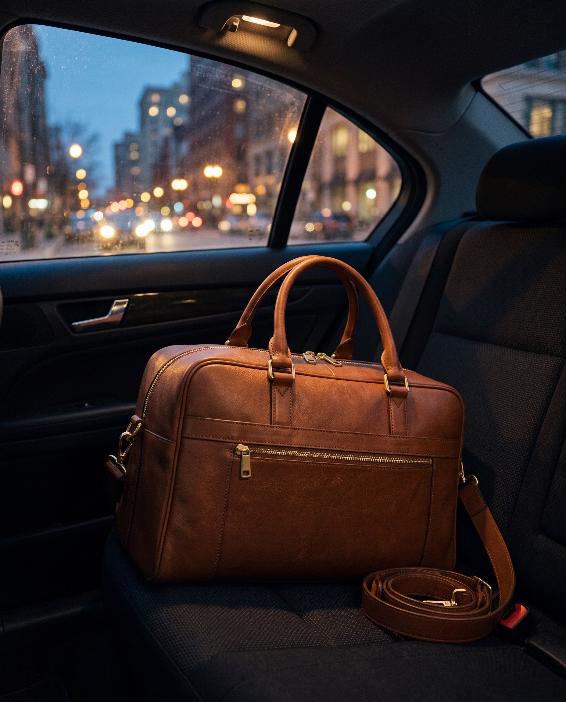 A man carrying a Cognac leather weekender along a rocky shoreline